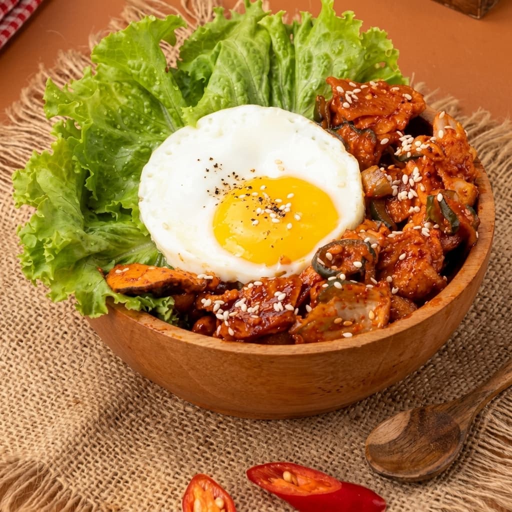Korean rice bowl with toppings and sauce drizzled on top