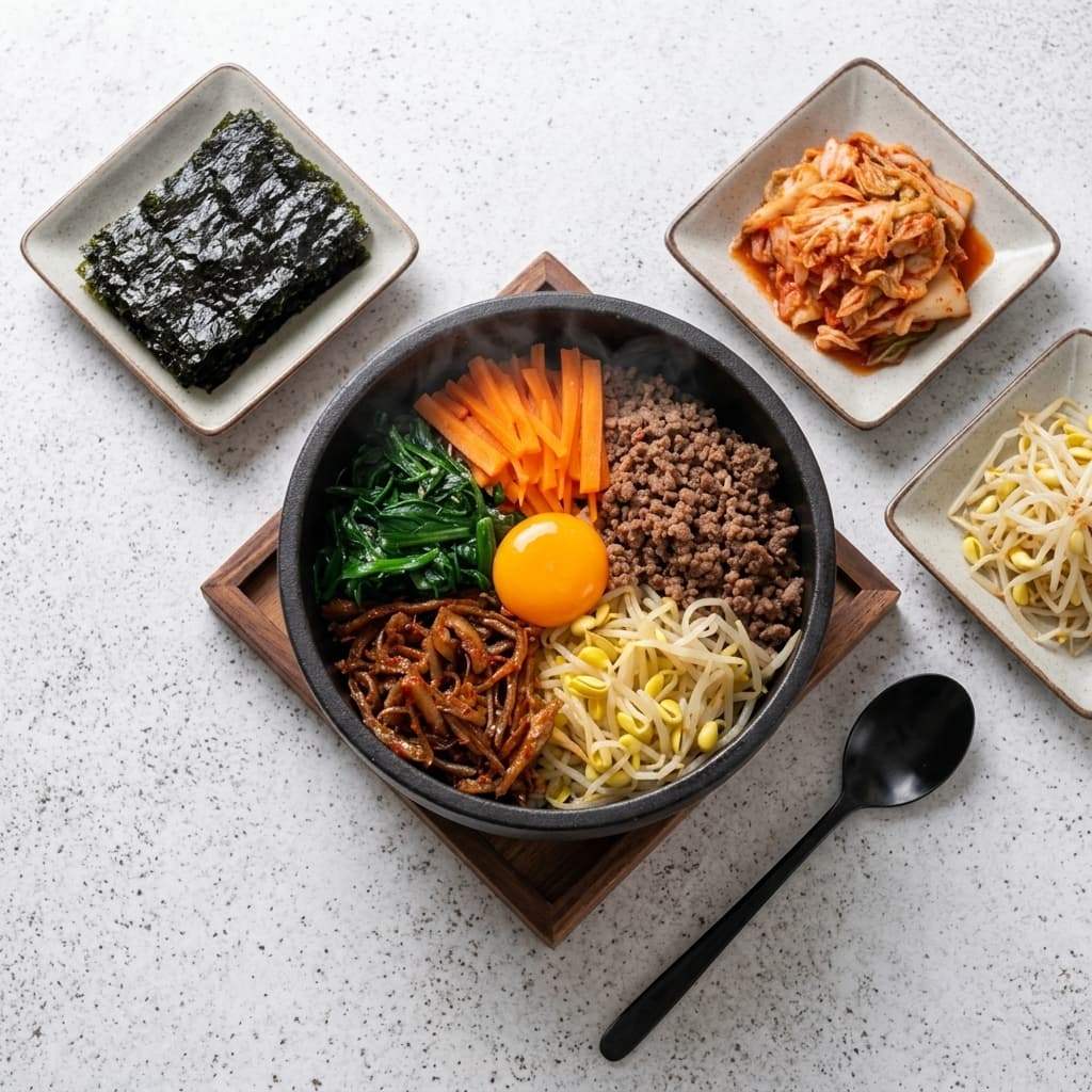 Bibimbap Korean mixed rice bowl with colorful vegetables and fried egg