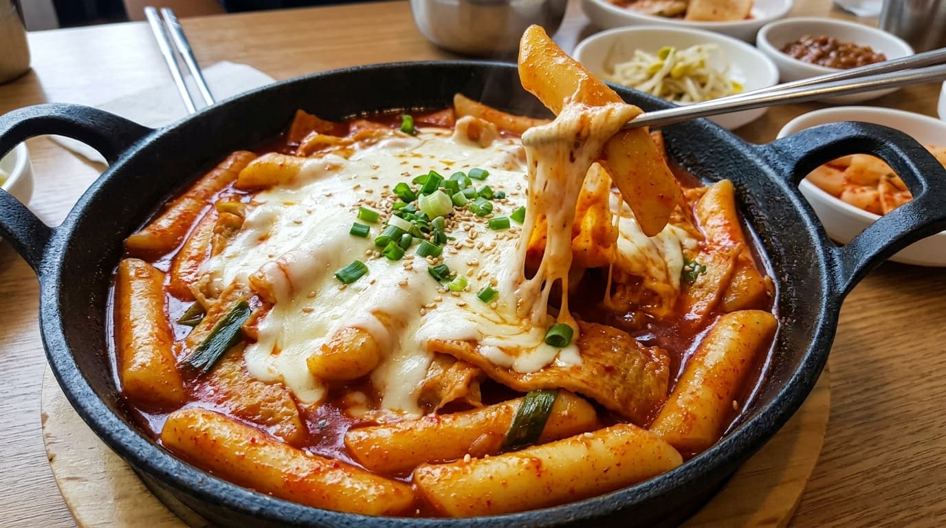 Tteokbokki with melted cheese on top in a spicy sauce