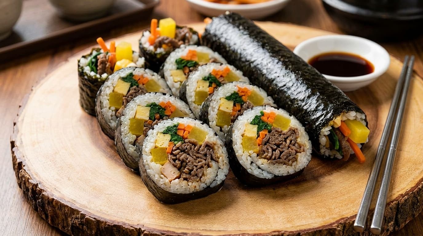 Kimbap Korean rice rolls sliced and arranged on a plate