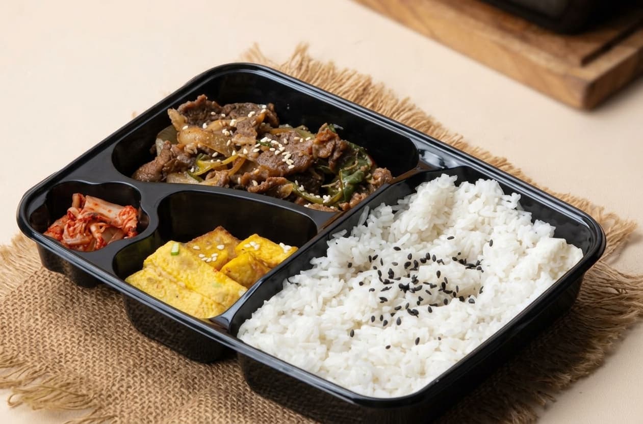 Korean dosirak lunch box with rice, vegetables, and side dishes