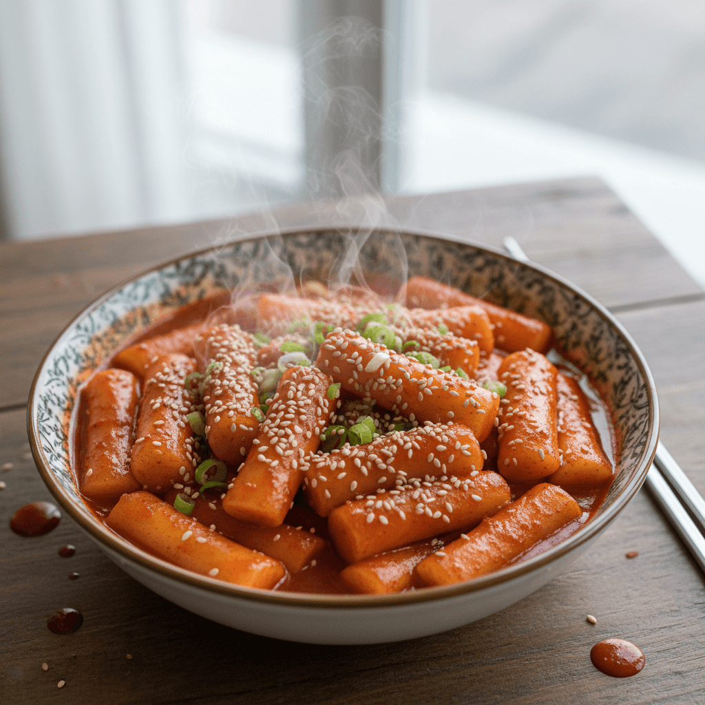 Tteokbokki rice cakes in spicy red gochujang sauce served in a bowl