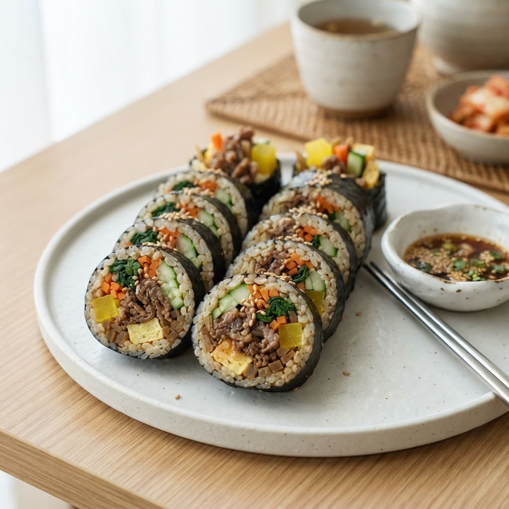 Kimbap gulung nori isi sayuran dan daging sapi bulgogi — Koruruk kimbap series