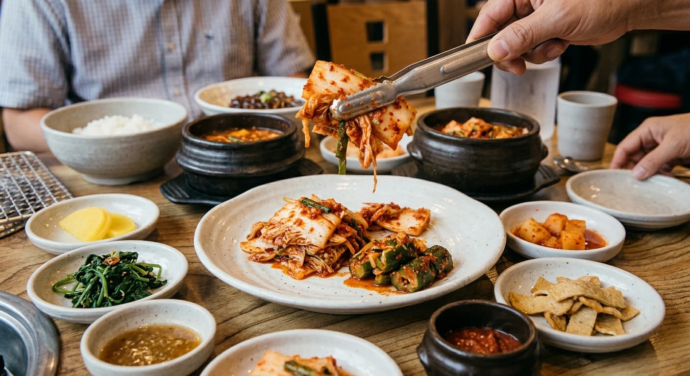 Korean dosirak lunch box with rice, vegetables and side dishes arranged neatly