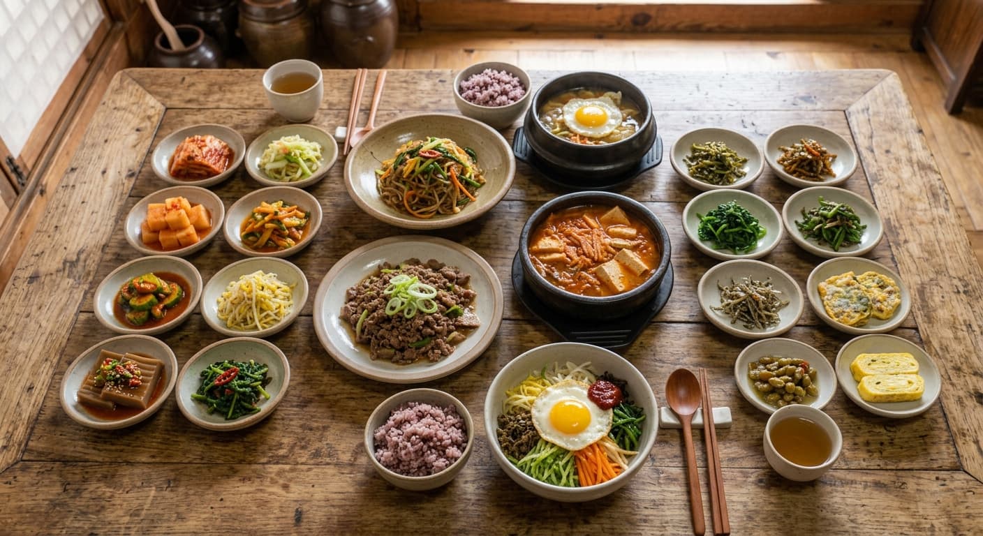 Vibrant Korean food spread with tteokbokki, kimbap and rice bowls on a table
