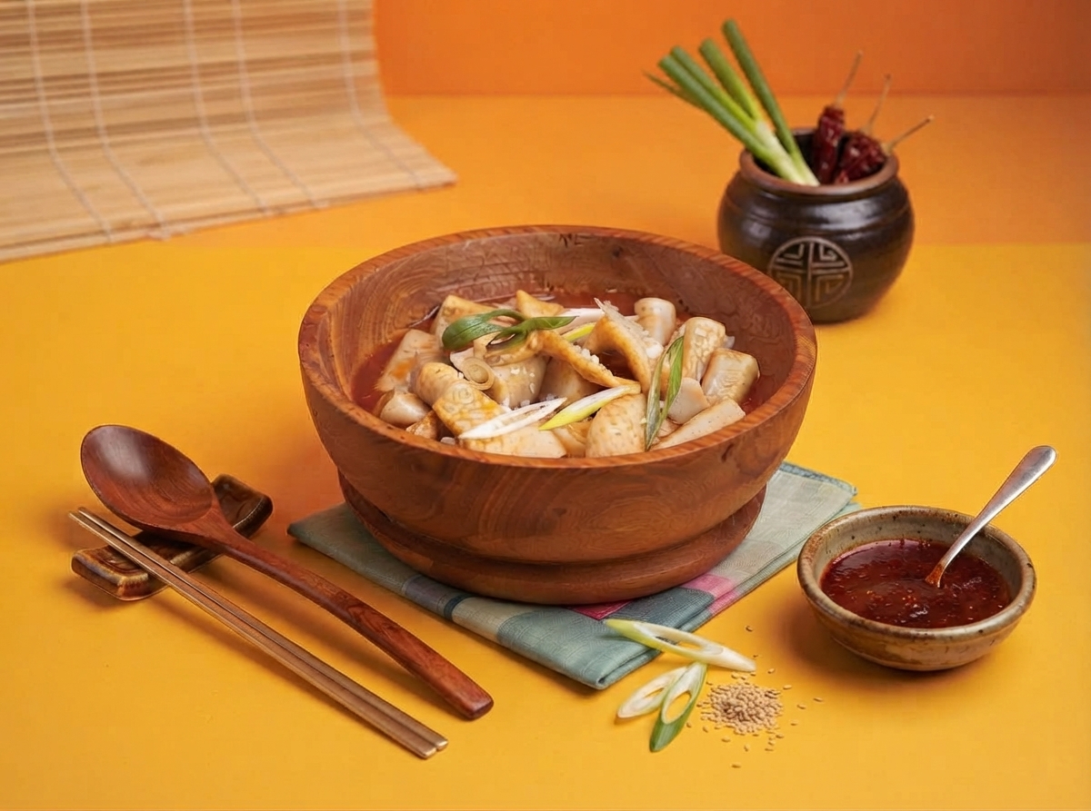 Korean tteokbokki rice cakes in spicy red gochujang sauce with fish cake