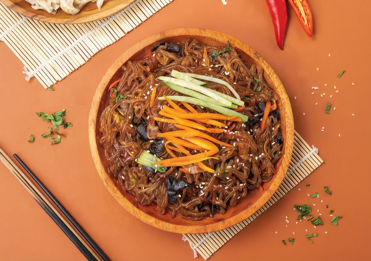 Korean japchae glass noodles stir-fried with vegetables and beef