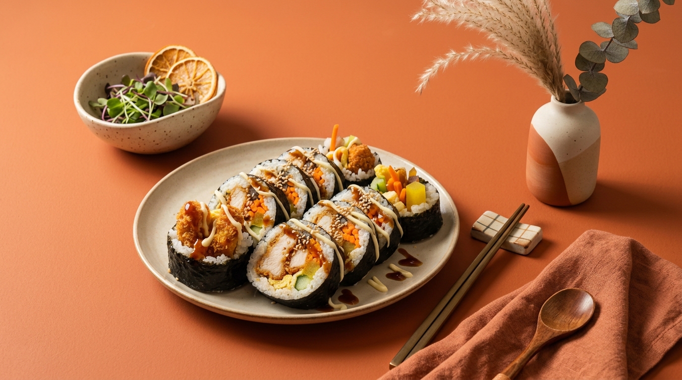 Korean tuna kimbap rice rolls on a wooden board
