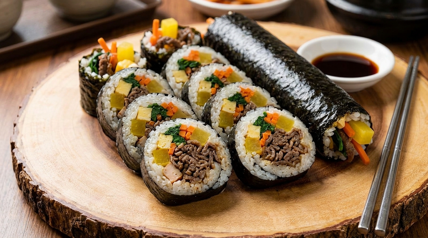 Classic Korean kimbap rice rolls sliced and arranged on a plate